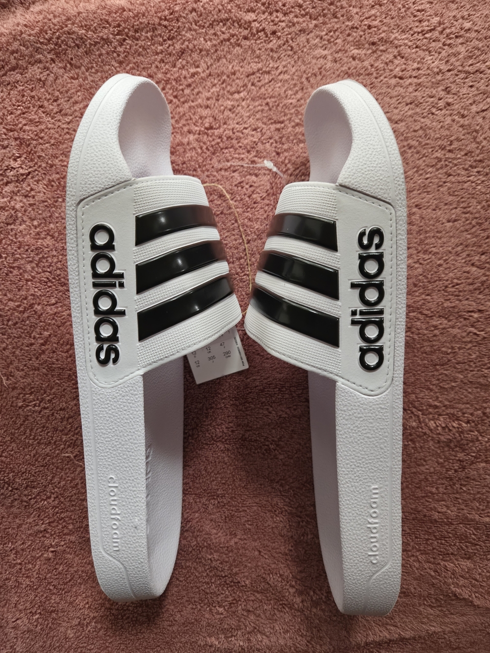 adidas White Adilette Aqua Slides Sandals with Bold Black Stripes NWT Size 12